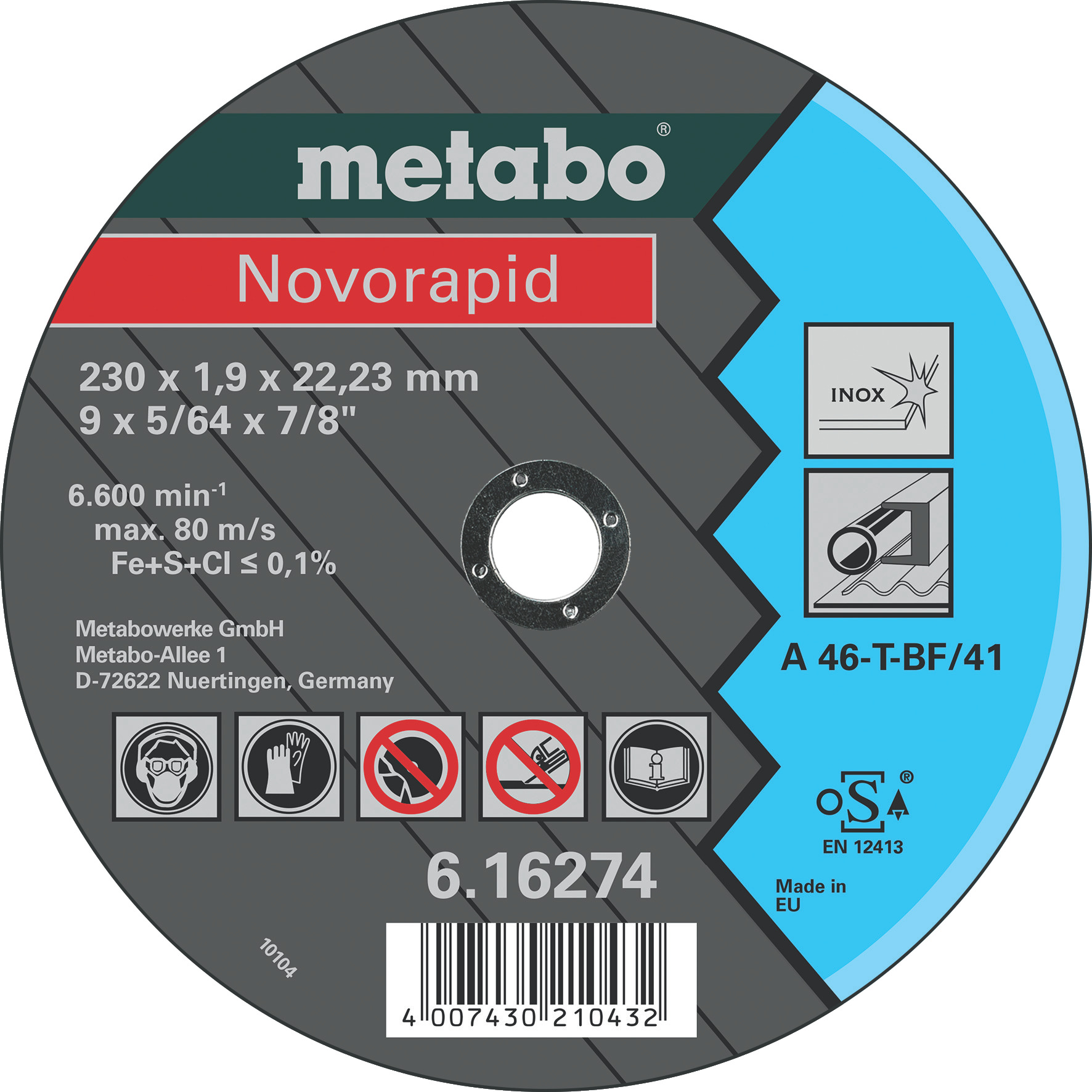 Metabo Trennscheibe Novorapid 230x1,9x22,23 Inox, A46T,1